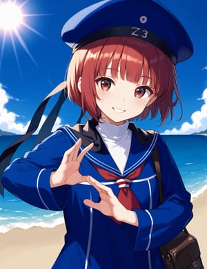 score_9,score_8_up,score_7_up,source_anime, z3maxKC, z3maxsummerKC, brown eyes,red hair,short hair, sidelocks, blunt bangs,blue sailor collar,blue dress,blue hat, sailor dress, sailor hat,black scarf, long sleeve,white turtleneck,
,
smile, :o, cute pose, sea, sunshine, dynamic angle
,
beautiful_female_fingers, (correct number of fingers, 4_fingers+1_thumb),  (perfect hands), perfect anatomy