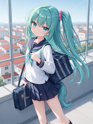 Claudia, solo,flat chest, side pony tail, aqua Green hair, mahogany eyes, school uniform, school bag, prefect badge, school, rooftop,

best quality, amazing quality, very aesthetic, absurdres, 