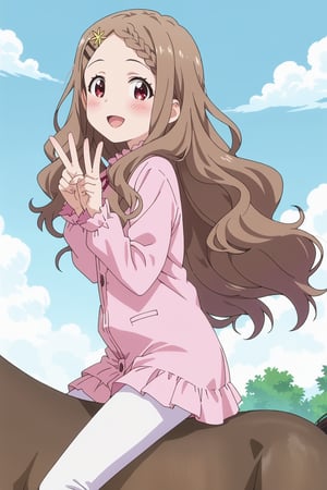 score_9, score_8_up, score_7_up, uncensored, source_anime, rating_explicit, masterpiece, absurdres, best quality, super detail,

aoba kokona, brown hair, braided bangs, hairclip, hair flower, very long hair, red eyes, parted bangs, wavy hair,
open mouth, blush, looking at viewer, smile, 

parted_lips, happy expression, blush, datch angle, cowboy shot, boots, (((Riding on the back of a horse))), Grassland, sky, day, side view, double v,

, anime screencap, score_anime, 5_fingers, beautiful_female_fingers,