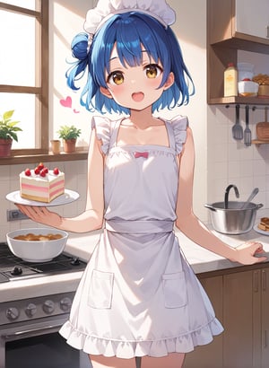 score_9, score_8_up, score_7_up,1girl, myo_chan, tiny, flat chest, one side bun, short cut, (((blue hair))), dark gold eyes, open_mouth, blush, MYO_CHAN,
looking at viewer, blush, open mouth, 
Pastry chef, cute, apron dress, whole cake, kitchen, heart, music_notes, star_(symbol),
5_fingers, beautiful_female_fingers, 