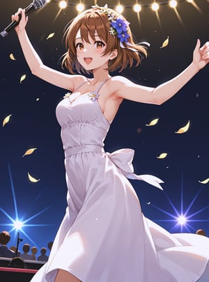 score_9, score_8_up, score_7_up, source_anime, (perfect anatomy:1.4), beautiful skin,
,//characters, 
1girl, solo, hagiwara yukiho, hagiwarayukiho2, short hair, bangs, bob cut, brown hair, brown eyes, blush, idol, white dress, flower ornament
,//situations, 
stage
,//pose,
1girl, solo, singing, dutch angle,dancing
,/LoRA, perfect anatomy, beautiful_female_fingers, 5_fingers