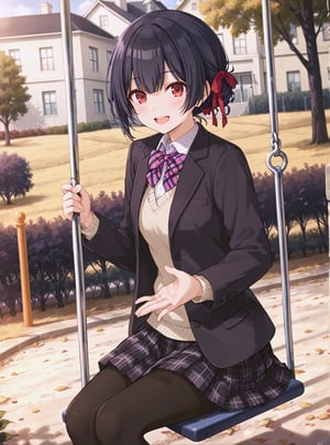 ,//characters, 
1girl, solo, morino rinze, morinorinze01, short hair, bangs, hair bun, plaid, black hair, red eyes, hair ribbon, blush, smile, open mouth, school uniform, blazer, cardigan, long sleeves, pleated skirt, plaid skirt, bowtie, black pantyhose, sitting, swing
,//situations, 

,//pose, 

,/LoRA, perfect anatomy, beautiful_female_fingers, (correct number of fingers), (Anatomically correct hands:1.9), (perfect hands), perfecteyes