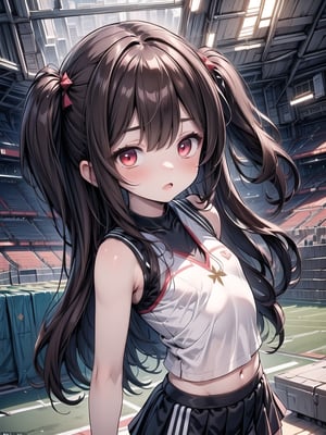 (masterpiece, best quality:1.4), high contrast, ultra details, cinematic lighting, illustration,
1girl, dark red eyes, brown long hair, one side up, flat chest, 
sleeveless cheerleader with skirt, jumping, Sports field