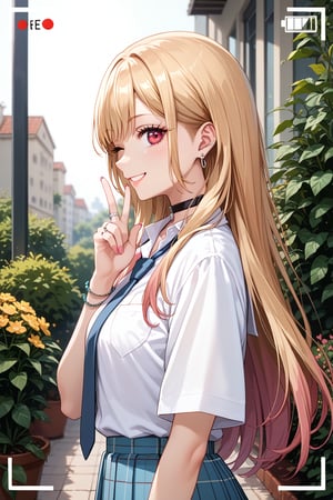 score_9, score_8_up, score_7_up, source_anime, perfect anatomy,
,//characters, marin kitagawa,long hair,bangs,blonde hair,red eyes,multicolored hair
skirt, shirt, jewelry, school uniform, white shirt, pleated skirt, earrings, necktie, choker, bracelet, blue skirt, plaid, black choker, plaid skirt, ring on finger
,//situations, garden
,//pose, a girl, V on head, wink, big smile, face focus, from side, looking at viewer, view finder, (profile 0.8)
,/LoRA, perfect anatomy, beautiful_female_fingers, (correct number of fingers), (perfect hands),perfecteyes,