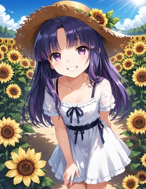 score_9, score_8_up, score_7_up,
,//characters, 1girl, furuderika_pony, purple hair, flat_chest, shiny skin,
Straw hat, white dress, short sleeves,
,//situations, Sunflowers, flowers, summer, sunlight, vibrant colors
,//pose, 
Sunflowers, flowers, summer, sunlight, vibrant colors, tilt head, soft smile, arms behind back, Leaning forward, looking up, from above
,/LoRA, beautiful_female_fingers, (4_fingers and 1thumb on hand), (correct number of fingers), (perfect hands), perfect anatomy,