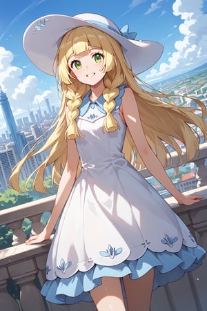 (score 9, score 8 up, score_7_up, source anime,
pokemonlilie, blonde hair, blunt bangs, green eyes, long hair,braid, collared dress, dress, hat, sleeveless, sleeveless dress, sun hat, sundress, twin braids, white dress, white headwear,outdoors, cityscape,looking at viewer, cowboy shot, dutch angle,
