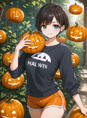 score_9, score_8_up, score_7_up, source_anime, (perfect anatomy:1.4), beautiful skin,
,//characters, 
1girl, solo, akebiyuwa, black hair, short hair, bangs, blue eyes, 
pumpkin tops, pumpkin Shorts,
,//situations,
HALLOWEEN2024
,//Pose
cute pose, dutch angle,
,/LoRA, beautiful_female_fingers, (4_fingers and 1thumb on hand), (perfect hand), (beautiful hands), perfect anatomy,