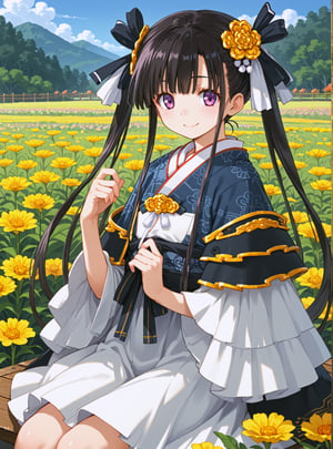 score_9, score_8_up, score_7_up, source_anime, (perfect anatomy:1.4), 
,//characters, 
1girl, solo, kouhime_sengoku, tiny body, flatchest, black hair, hair ornament, long sleeves, ribbon, sidelocks, japanese clothes, 
white dress, 
,//situations,
flower Field
,//pose,
1girl, solo, sitting, wariza, corolla, bigsmile, Adjusting dress
,/LoRA, beautiful_female_fingers, (4_fingers and 1thumb on hand), (perfect hand), (beautiful hands), perfect anatomy,