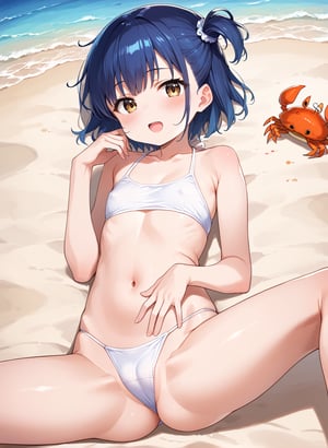 score_9, score_8_up, score_7_up,1girl, myo_chan, tiny, flat chest, one side bun, short cut, navy hair, dark gold eyes, open_mouth, blush, MYO_CHAN, blue hair,

beach, 1girl, O-string swimsuit, lying on side, spread legs, leg lift, beach, sunny, sand, crab

(((5_fingers))), beautiful_female_fingers, 