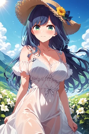 (cute girl:1.2) , shiny skin, rating_safe,expressive eyes, perfect face, illustration,score_9, score_8_up, score_7_up, source_anime, akanekurokawa, akane kurokawa, bangs, green eyes, blue hair, long hair, dark blue hair, big breasts, embarrassed,blush,

white sun Hat, white See-through summer dress,
extreme clear image, lyrical Scene, scenic view, light particles, sunshine, flower, mountain, larms up

,beautiful_female_fingers,