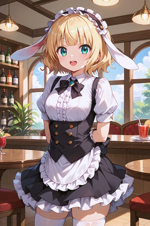 (masterpiece, best quality, ultra-detailed, 8K),best quality, anime style, 
score_9, score_8_up, score_7_up,

1girl, solo, kirima, big eyes, frilled skirt, frilled shirt, frilled hairband, black skirt, center frills, wrist cuffs, white thighhighs, rabbit ears, looking at viewer, standing, indoors, open mouth, 

cafe, arms behind back, cute pose, more detailed, dynamic angle