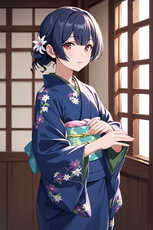 ore_9, score_8_up, score_7_up, score_6_up, score_5_up, score_4_up, BREAK source_anime, 1girl, morino rinze, looking at viewer, single hair bun, hair flower, red eyes, 

1girl,  blue kimono, floral print,long sleeves,

,beautiful_female_fingers,perfect hands,