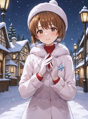 score_9, score_8_up, score_7_up, source_anime, (perfect anatomy:1.4), beautiful skin,
,//characters, 
1girl, solo, hagiwara yukiho, hagiwarayukiho2, short hair, bangs, bob cut, brown hair, brown eyes, blush, white gloves, long sleeves, hat, white headwear, white, coat, winter clothes,
,//situations, 
snow, night, Snowflake,
,//pose,
Breathe into your hands, heavy breath
,//LoRA, (4_fingers and 1thumb on hand), (correct number of fingers), (beautiful hands), perfect anatomy,