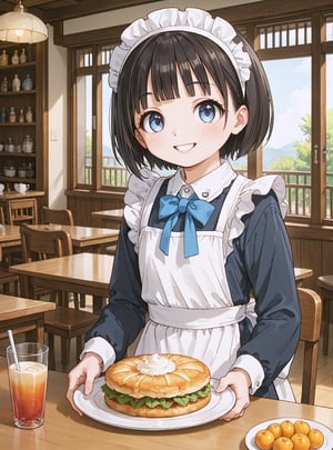 score_9, score_8_up, score_7_up, source_anime, (perfect anatomy:1.4), beautiful skin,
,//characters, 
1child, solo, akebikao, short hair, bangs, blue eyes, black hair, (flat chest),
[apron], long sleeves, maid, 
,//situations, 
indoor, table, cafe
,//pose,
1girl, smile, holding tray, posing
,/LoRA, beautiful_female_fingers, (4_fingers and 1thumb on hand), (perfect hand),perfect anatomy,