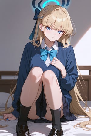 score_9, score_8_up, score_7_up, score_6_up, score_5_up, score_4_up, source_anime, 
ultra-detailed eyes, 

toki-schooluniform, toki \(blue archive\), blue eyes, blonde hair, long hair, halo, school uniform, bowtie, blue sweater, black skirt, pleated skirt, black socks

,beautiful_female_fingers,