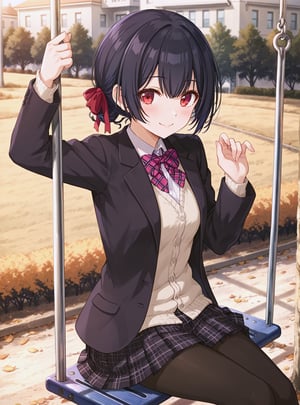 ,//characters, 
1girl, solo, morino rinze, morinorinze01, short hair, bangs, hair bun, plaid, black hair, red eyes, hair ribbon, blush, smile, close mouth, school uniform, blazer, cardigan, long sleeves, pleated skirt, plaid skirt, bowtie, black pantyhose, sitting, swing
,//situations, 

,//pose, 
from above, arms down
,/LoRA, perfect anatomy, beautiful_female_fingers, (perfect hands, correct number of fingers:1.4, Anatomically correct hands), perfecteyes