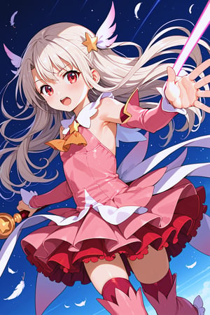 masterpiece, best quality, ultra-detailed, perfect anatomy, High detailed, detailed background, beautiful face,  Uncensored,

1girl, tiny body, flat chest, white hair, red eyes, big eyes, long hair, twin tails, super_kawaii, bisyojo, hair ornament, feathers, pink dress, elbow gloves, magical girl, pink thigh Boots,standing, holding magical stick, looking at viewer, open_mouth, blush,

night, fighting, dutch angle , cowboy shot, from front,

,beautiful_female_fingers,perfect hands,detailed hands,beautiful hands
, score_9, score_8_up, score_7_up, score_6_up, score_5_up, score_4_up, BREAK source_anime, masterpiece