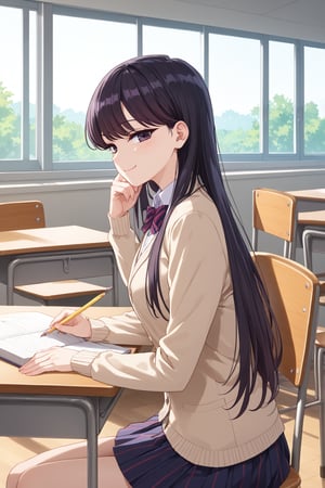 score_9, score_8_up, score_7_up,  (anime, game_cg:1.2),(masterpiece, best quality, ultra-detailed),detailed ,8k, source_anime, perfect anatomy ,
1girl, shouko komi, long hair, bangs, black hair, black eyes, half-closed eyes,

,smile,sitting,classroom,desk,backboard,windows,doing homework,pencil,looking at viewer,from side,cowboy shot,sitting chair,classmate,notebook,girl,notebook,

,perfect anatomy, 5_fingers, beautiful_female_fingers