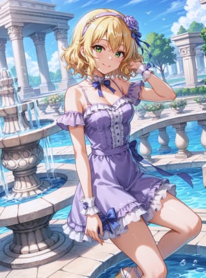 score_9, score_8_up, score_7_up, source_anime, (perfect anatomy:1.4), beautiful skin,
,//characters, 
1girl, solo sakurai momoka, sakuraimomoka1, short hair, wavy hair, blonde hair, green eyes, hair ornament, hair band, bow, flower, purple dress, frills, sandals, wrist cuffs, outdoor, sky, day, water, fountain, 
,//situation

,//Pose
spin, smile, parted_rips, dutch angle
,/LoRA, beautiful_female_fingers, (5 fingers), (anatomicaly correct hands, perfect hand), (beautiful hands), perfect anatomy,