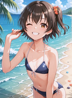 score_9, score_8_up, score_7_up, source_anime, (perfect anatomy:1.4), beautiful skin,
,//characters, 
1girl, solo, akagi miria, akagimiria2, tiny body, flat chest, short stature, short hair, who side up, black hair, brown eyes, 
cute swimsuit
,//situations, beach, 
,//pose,
 smile, solo, wet skin, winking, 
,/LoRA, perfect anatomy, beautiful_female_fingers, 5_fingers