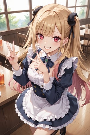 score_9, score_8_up, score_7_up, source_anime, 
marin kitagawa,long hair,bangs,blonde hair,red eyes,multicolored hair
,
cute pink maid, cafe, reach out, v, happy smile, one leg up, spining, dynamic angle, from above
,
beautiful_female_fingers, (correct number of fingers, 5fingers), (perfect hands), perfect anatomy,perfecteyes