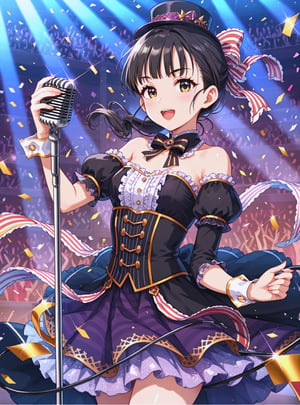 score_9, score_8_up, score_7_up, source_anime, (perfect anatomy:1.4), beautiful skin,
,//characters, 
1girl, solo, fukuyamamai1, black hair, bangs, ponytail, 
mini top hat, dress, detached sleeves, wrist cuffs, bow, ribbon, 
,//situation
microphone stand, confetti, stage,
,//Pose
1girl, solo, singing
,/LoRA, beautiful_female_fingers, (4_fingers and 1thumb on hand), (perfect hand), (beautiful hands), perfect anatomy,