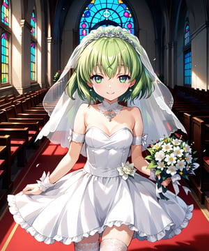 ASCII 8K, score_9, score_8_up, score_8, (perfect anatomy), anime_source, official_art, Anime,score_7_up,source_anime,anime screencap,
,//characters, 1girl, tillday_shape, short hair, green hair, hair ribbon,
wedding dress, mini dress, wedding veil, white thighhighs, 
,//situations, indoors, in a church, 
,//pose, 
smile, datch angle, cowboy shot, holding Wedding Bouquet, three quarter view, from above
,/LoRA, beautiful_female_fingers, 5_fingers