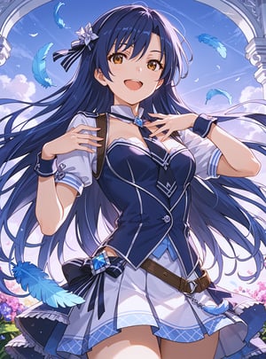 score_9, score_8_up, score_7_up, source_anime, (perfect anatomy:1.4), beautiful skin,
,//characters, 
1girl, solo, kisaragi chihaya, kisaragichihaya1, long hair, blue hair, brown eyes, skirt, wrist kuffs, smile, open mouth, feathers, hand on own chest
,//situation
stage
,//Pose

,/LoRA, perfect anatomy, beautiful_female_fingers, (correct number of fingers), (5_fingers), (perfect hands),perfecteyes