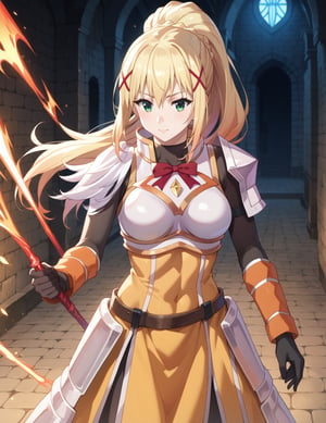 source_anime, score_7_up, score_8_up, score_9_up,solo,darkness \(konosuba\), long hair, green eyes, blonde hair, hair ornament, ponytail, braid, x hair ornament,gloves, armor, bodysuit, shoulder armor, armored dress,beautiful_female_fingers,

dungeon, battle, dynamic pose, dynamic angle, holding,