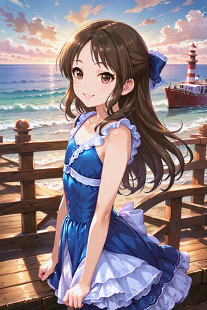 masterpiece, best quality, ultra-detailed, perfect anatomy, High detailed, detailed background, beautiful face,  Uncensored, Claudia, nanasemei, nonomiyatsugumi, draw it very clearly,

cbnars, long hair, brown hair, parted bangs ,hair bow , brown eyes, flat chest, detailed face, beautiful face, clear face, smile, parted, lips, 
idol girl. blue dress,

seaside, sunset,draw it very clearly, pier, lighthouse, ship, detailed back ground, depth_of_field, side view, face forcus, more descriptions,

,perfect fingers, score_9, score_8_up, score_7_up,Expressiveh, concept art, dark theme, ,tcbnars,beautiful_female_fingers