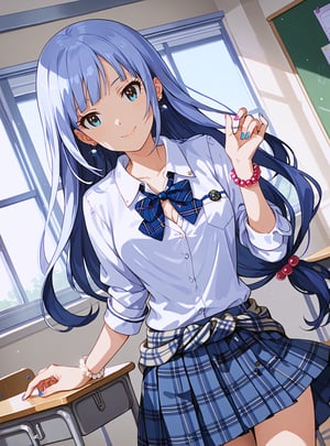 score_9, score_8_up, score_7_up, source_anime, (perfect anatomy:1.4),
,//characters, 
1girl, solo, ristmg, long hair, loose bowtie, earrings, bead bracelet, school uniform, white shirt, open collar, blue pleated skirt, plaid, cloth around waist, nail polish, 
,//situations, 
classroom
,//pose, 
1girl, solo, soft smile, dutch angle, head tilt 
,/LoRA, perfect anatomy, 5_finger, beautiful_female_fingers, (perfect hands, correct number of fingers:1.4, Anatomically correct hands), perfecteyes