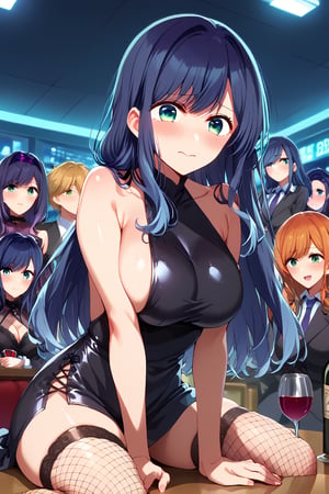 (cute girl:1.2) , shiny skin, rating_safe,expressive eyes, perfect face, illustration,score_9, score_8_up, score_7_up, source_anime, akanekurokawa, akane kurokawa, bangs, green eyes, blue hair, long hair, dark blue hair, big breasts, embarrassed,blush,

black dress, high stockings, fishnet, makeup,  side boob, crowded, group, night club, front view, from below, sitting on table, wine

,5_fingers, beautiful_female_fingers,