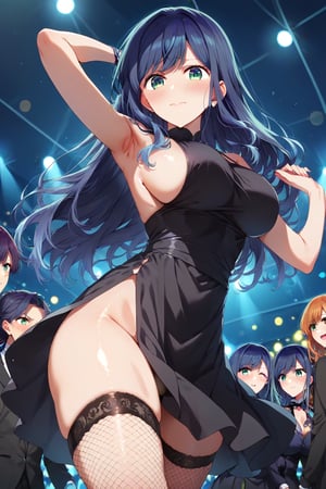 (cute girl:1.2) , shiny skin, rating_safe,expressive eyes, perfect face, illustration,score_9, score_8_up, score_7_up, source_anime, akanekurokawa, akane kurokawa, bangs, green eyes, blue hair, long hair, dark blue hair, big breasts, embarrassed,blush,

black dress, high stockings, fishnet, makeup,  side boob, crowded, group, night club, front view, from below, stage, dancing, bokeh

,5_fingers, beautiful_female_fingers,