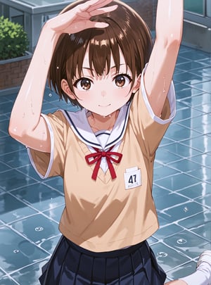 source_anime,score_7_up,score_8_up,score_9,
,//characters, 1girl, solo, chihiro kobayashi,brown eyes,brown hair,short hair,
white socks,pleated skirt,school uniform,shirt,
,//situations, 
,//pose, 
1girl, from above, cowboy_shot, wet, shiny skin, steam, water drop, stomach, arms up
,/LoRA, beautiful_female_fingers, (4_fingers and 1thumb on hand), (correct number of fingers), (beautiful hands), perfect anatomy,