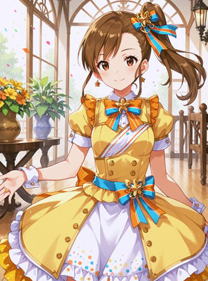 score_9, score_8_up, score_7_up, source_anime, (perfect anatomy:1.4), beautiful skin,
,//characters, 
1girl, solo, futami mami, futami_mami1, brown hair, side ponytail, brown eyes, hair ornament, dress, ribbon, chorker, short sleeves, wrist cuffs :d, hand on hip, arms behind back
,//situation
stage
,//Pose

,/LoRA, beautiful_female_fingers, (4_fingers and 1thumb on hand), (perfect hand), (beautiful hands), perfect anatomy,