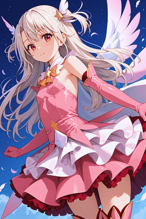 masterpiece, best quality, ultra-detailed, perfect anatomy, High detailed, detailed background, beautiful face,  Uncensored,

1girl, tiny body, flat chest, white hair, red eyes, big eyes, long hair, twin tails, hair ornament, feathers, pink dress, elbow gloves, magical girl, pink thigh Boots,standing, 
looking at viewer, 

night, fighting, dutch angle , cowboy shot, from front,

,beautiful_female_fingers,perfect hands,detailed hands,beautiful hands
, score_9, score_8_up, score_7_up, score_6_up, score_5_up, score_4_up, BREAK source_anime, masterpiece