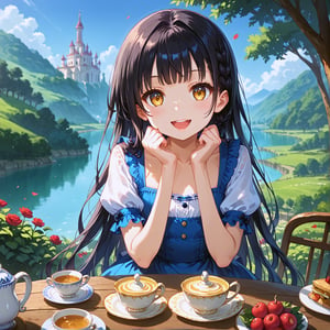 masterpiece, best quality, ultra-detailed, perfect anatomy, High detailed, detailed background, beautiful face,  Uncensored, Claudia, nanasemei, nonomiyatsugumi,

(((a very young child))), infant body shape, flat chest, No public hair, extremely pretty face, beautiful face, ultra-detaild face, cute face, black hair, (((long hair))), bangs, single side braid, gold ribbon, ultra-detailed eyes, gold eyes, round and big and droopy eyes, beautiful eyebrow, (eyelashes:0.4), perfect eyelids, Bishojo, beautiful nose, 

Alice in Wonderland style outfits,
blush, full smile, open mouth, dreamy landscape, Tea party, more details,

dynamic angle, cute pose,
,Selective focus, miniature effect, blurred background, highly detailed, vibrant, perspective control,

,score_9, score_8_up, score_7_up,Expressiveh, concept art, dark theme, perfect hands, ,beautiful_female_fingers, solo,a0b,outdoors,scenery