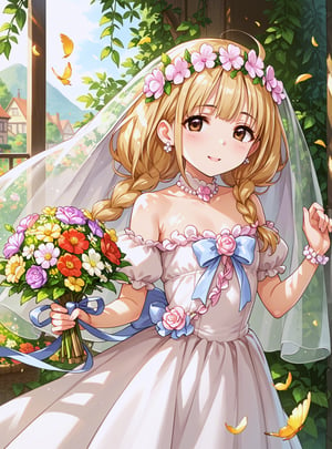 score_9, score_8_up, score_7_up, source_anime, (perfect anatomy:1.4), beautiful skin,
,//characters, 
1girl, solo, futaba anzu, tiny body, flatchest, brown eyes, dress, jewelry, flower, earrings, veil, bouquet, wedding dress, bridal veil, head wreath,
,//situation

,//Pose

,/LoRA, beautiful_female_fingers, (anatomically correct hands, perfect hand, beautiful hands), perfect anatomy,