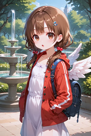 masterpiece, best quality, ultra-detailed, perfect anatomy, High detailed, detailed background, beautiful face,  Uncensored, Claudia, nanasemei, nonomiyatsugumi,

(((a very young child))), infant body shape, flat chest, No public hair, extremely pretty face, beautiful face, ultra-detaild face, cute face, shiny brown hair, medium hair, low twintails,
hairpin, ultra-detailed eyes, round eyes, big eyes, droopy eyes,  dark brown eyes, beautiful eyebrow, (eyelashes:0.4), Bishojo, beautiful nose,

looking at viewer, blush, open mouth, red fur-trimmed jacket, A backpack decorated with simple angel wings.

park, fountain

,perfect fingers, score_9, score_8_up, score_7_up,Expressiveh, concept art,  Anime ,hentai, dark theme, 