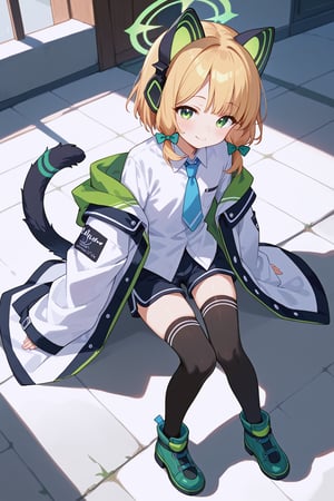 score_9, score_8_up, score_7_up, score_6_up, score_5_up, score_4_up, source_anime, perfect anatomy,
midori-default,midori \(blue archive\),green eyes,blonde hair,halo,blue hair ribbon,animal ear headphones, tail,multicolored jacket,wide sleeves,white shirt, blue necktie, shorts,black thighhighs,green footwear,
beautiful_female_fingers, flat chest,

from above