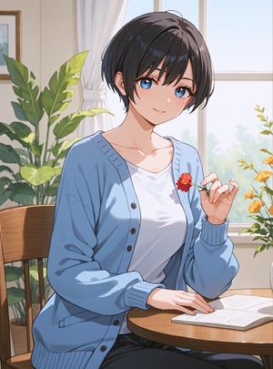 score_9, score_8_up, score_7_up, source_anime, (perfect anatomy:1.4), beautiful skin,
,//characters, 
1girl, solo, akebiyuwa, black hair, short hair, bangs, blue eyes, collarbone, white shirt, cardigan
,//situation
living room, table, flower, window
,//Pose
sitting on chair, 
,/LoRA, beautiful_female_fingers, (4_fingers and 1thumb on hand), (perfect hand), (beautiful hands), perfect anatomy,