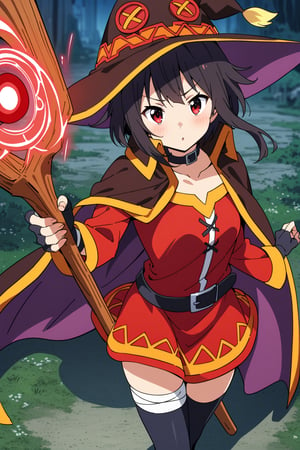 score_9, score_8_up, score_7_up, masterpiece, best quality, high quality, detailed, extremely detailed,
official_art,

1girl, megumin (konosuba), nimugempnxl, short hair, black hair, red eyes, short hair with long locks, beautiful face, kawaii,

thighhighs, gloves, hat, dress, black gloves, belt, black thighhighs, fingerless gloves, cape, collar, witch hat, bandages, red dress, single thighhigh, asymmetrical legwear, bandaged leg,
solo, cowboy shot, fantasy field, 

, ((holding big wood staff)), magic effect, many, magic circle, Thunder, night, from above,

5_fingers, beautiful_female_fingers,