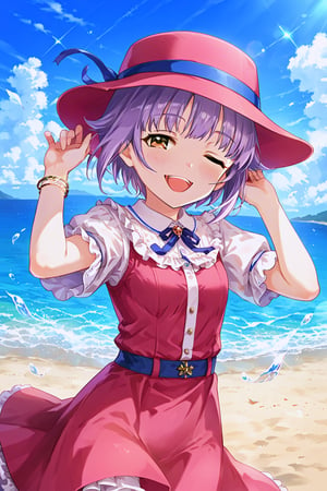 score_9, score_8_up, score_7_up, source_anime, best quality, masterpiece, very aesthetic, absurdres, perfect anatomy,
source_anime, 
koshimizu sachiko, short hair, purple hair, brown eyes, small breasts, 
,
1girl, hat, one eye closed, solo, bracelet, smile, jewelry, open mouth, wind, seaside, blush
,
perfect anatomy, beautiful_female_fingers, (correct number of fingers), (perfect hands), perfecteyes