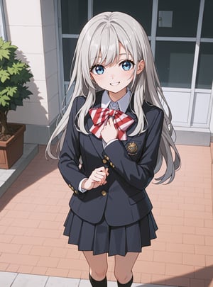 score_9, score_8_up, score_7_up, source_anime, (perfect anatomy:1.4), beautiful skin,
,//characters, 
1girl, solo, hiraiwa_hotaru, longhair, gray hair, blue eyes, school uniform, blazer, long sleeves, jacket, bowtie, striped bow, white shirt, collard shirt, pleated skirt, shoes, black socks, kneehighs, brown footwear,
,//situations, 

,//pose, 
1girl, solo, looking at viewer, smiling, blush, 
,/LoRA, beautiful_female_fingers, (4_fingers and 1thumb on hand), (perfect hand), (beautiful hands), perfect anatomy,