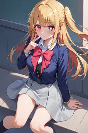 score_9, score_8_up, score_7_up, source_anime, beautiful_female_fingers
1girl, hoshino ruby, medium breasts, blonde hair, long hair, one side up, red eyes, mismatched pupils, star-shaped pupils, (4_fingers and 1thumb on hand), perfect hands,beautiful_female_fingers, 
,
school uniform, red bow, grey skirt, blue shirt,
cameltoe bow panties, white panties, blush, from above