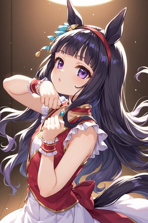 score_9, score_8_up, score_7_up, BREAK,1girl,loli, daidouji tomoyo, black hair, long hair, blunt bangs, hairband, long hair, purple eyes,horse_ears, horse tail,

cute pose, umamusume_style, umapyoi_densetsu, dancing,

,beautiful_female_fingers