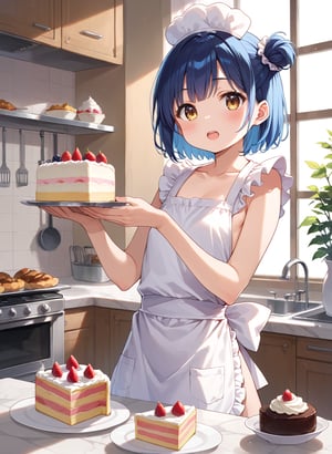 score_9, score_8_up, score_7_up,1girl, myo_chan, tiny, flat chest, one side bun, short cut, navy hair, dark gold eyes, open_mouth, blush, MYO_CHAN, blue hair,
looking at viewer, blush, open mouth, 
Pastry chef, cute, apron dress, whole cake, kitchen, heart, music_notes, star_(symbol),
5_fingers, beautiful_female_fingers, detailed hands