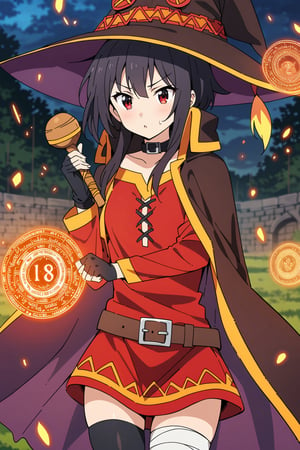 score_9, score_8_up, score_7_up, masterpiece, best quality, high quality, detailed, extremely detailed,
official_art,
1girl, megumin (konosuba), nimugempnxl, short hair, black hair, red eyes, short hair with long locks,

thighhighs, gloves, hat, dress, black gloves, belt, black thighhighs, fingerless gloves, cape, collar, witch hat, bandages, red dress, single thighhigh, asymmetrical legwear, bandaged leg,
solo, cowboy shot, fantasy field, 

holding big wood wand, magic effect, many, magic circle, Thunder, night,