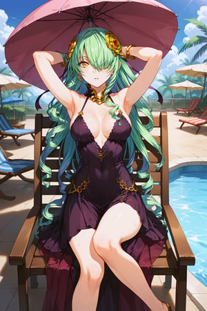 score_9, score_8_up, score_7_up, source_anime, best quality, masterpiece, very aesthetic, absurdres, 
source_anime, 
,//characters, 1girl, solo, majin_hornet, hair over one eye, parted lips 
,//situations, 
,//pose, sophisticated face, (open legs, sitting Beach chairs, lie back on one's chair, Parasols, showing armpits), sweaty,
outdoors, poolside, sunny, ((breezy)), perfect lighting, female focus, from above, 

,/LoRA, beautiful_female_fingers, perfect anatomy, correct number of fingers, 5_fingers, perfect hands, beautiful hands, Expressiveh,concept art,reset_Kalar, himegasakisakurako, furuderika_pony,totori_pony,tillday_shape, Urza_Planeis, tsukiko, majin_hornet