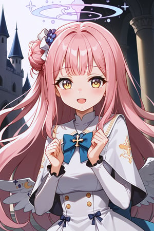 masterpiece, best quality, ultra-detailed, perfect anatomy, High detailed, detailed background, beautiful face, 
,//characters, 1girl, solo, mika-default, mika \(blue archive\), yellow eyes, single hair bun, pink hair, long hair, halo, white dress, capelet, wings, white pantyhose, high heels,
extremely pretty face, beautiful face, ultra-detaild face, cute face, shiny hair, ultra-detailed eyes, big eyes, droopy eyes, (eyelid:0.0), (perfect eyelid), beautiful eyebrow, (eyelashes:0.4), Bishojo, beautiful nose, perfect face, open_mouth, blush, 
,//situations, beautiful scene, cyber castle, light particle
,//pose, 
a girl, open arms for viewer ,datch angle, cowboy shot, face focus, ((upper body)),
,/LoRA, beautiful_female_fingers, perfect anatomy, correct number of fingers, 5_fingers, perfect hands, beautiful hands, Expressiveh,concept art,reset_Kalar, himegasakisakurako, furuderika_pony,totori_pony,tillday_shape, Urza_Planeis, tsukiko, majin_hornet